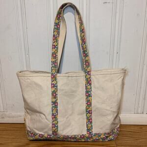 LL Bean vintage 90s pastel Floral Trim Canvas boat and Tote zip top Bag purse